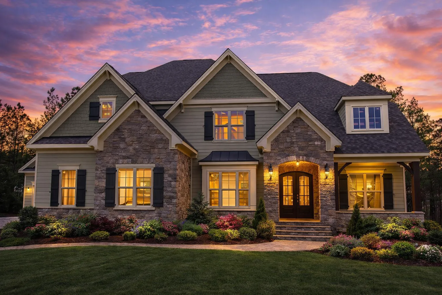 House Plans with Screened-In Porch 1 Front elevation of a New American style house featuring stone masonry, horizontal siding, steep gables, and an arched entry