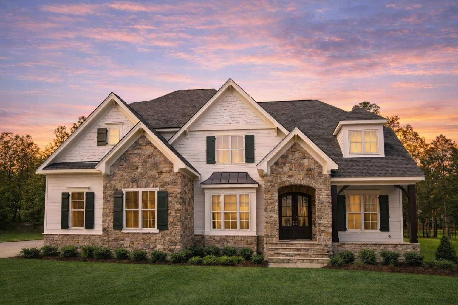 Front elevation of a New American style house featuring stone masonry, horizontal siding, steep gables, and an arched entry