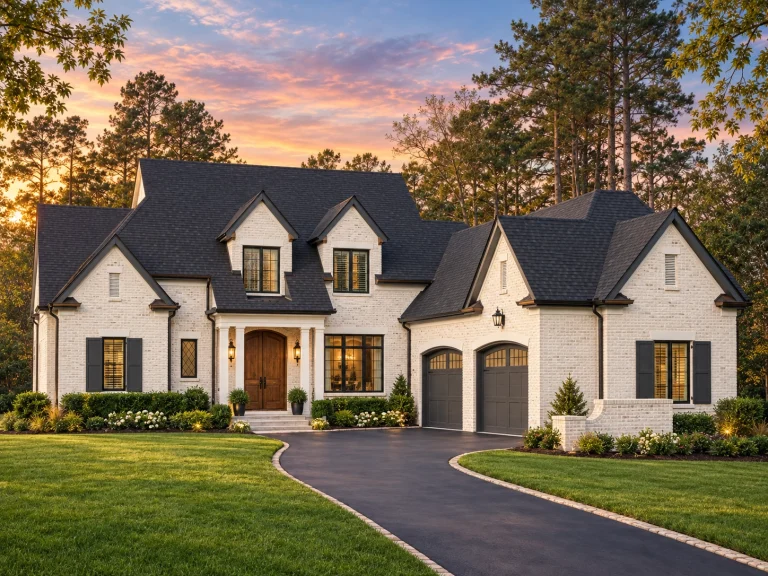 Front elevation of a traditional brick home with Neo-Colonial symmetry, arched entry, and classical columns