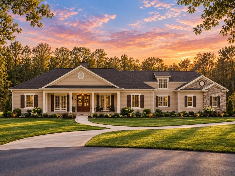 Front exterior view of a Traditional Ranch style home with horizontal siding, stone accents, gabled rooflines, and a welcoming covered porch