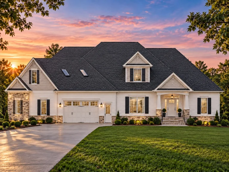 Front view of a Traditional Ranch Craftsman style home featuring a combination of stone accents, horizontal siding, and board and batten details with a welcoming covered entry.