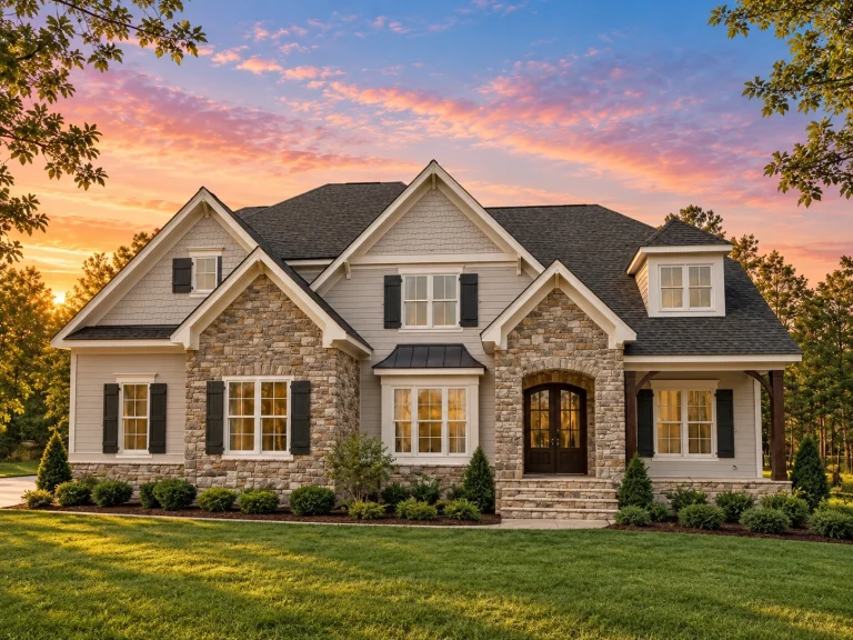 Front elevation of a New American style house featuring stone masonry, horizontal siding, steep gables, and an arched entry