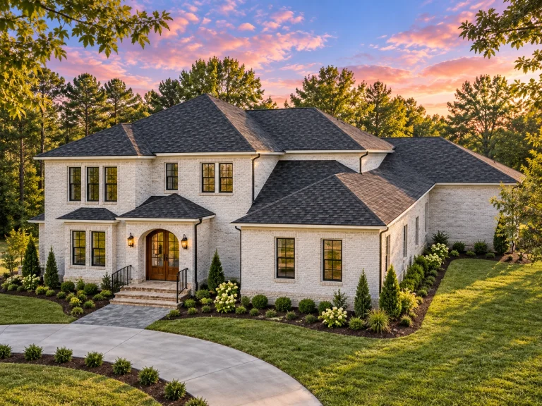 Top Designer-Approved House Plans 23 Front exterior of a New American modern traditional house with symmetrical colonial design, painted lap siding, gabled rooflines, and elegant entry porch