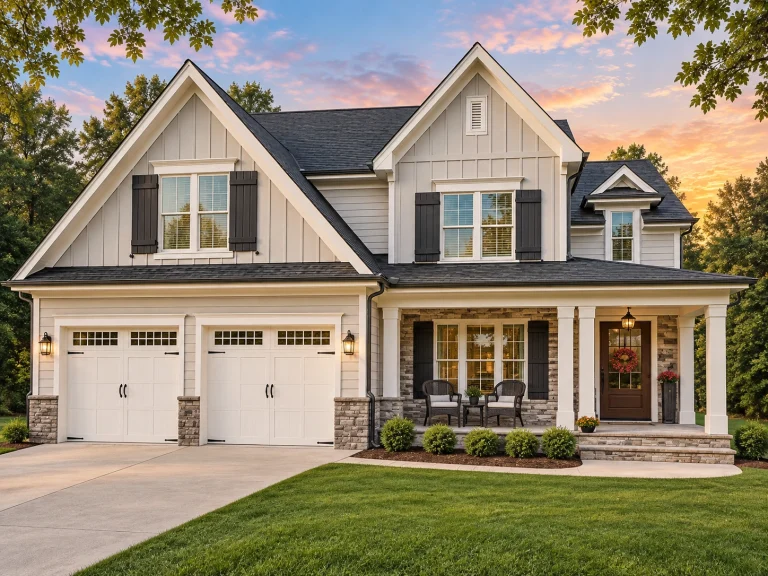 Front elevation of a New American style home with board and batten siding, stone accents, covered porch, and attached garage