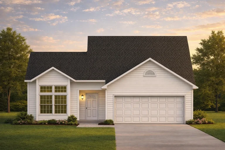 House Plans with Functional Layout 10 Front view of a Traditional Cape Cod style house featuring a mix of brick and horizontal siding with an attached two-car garage