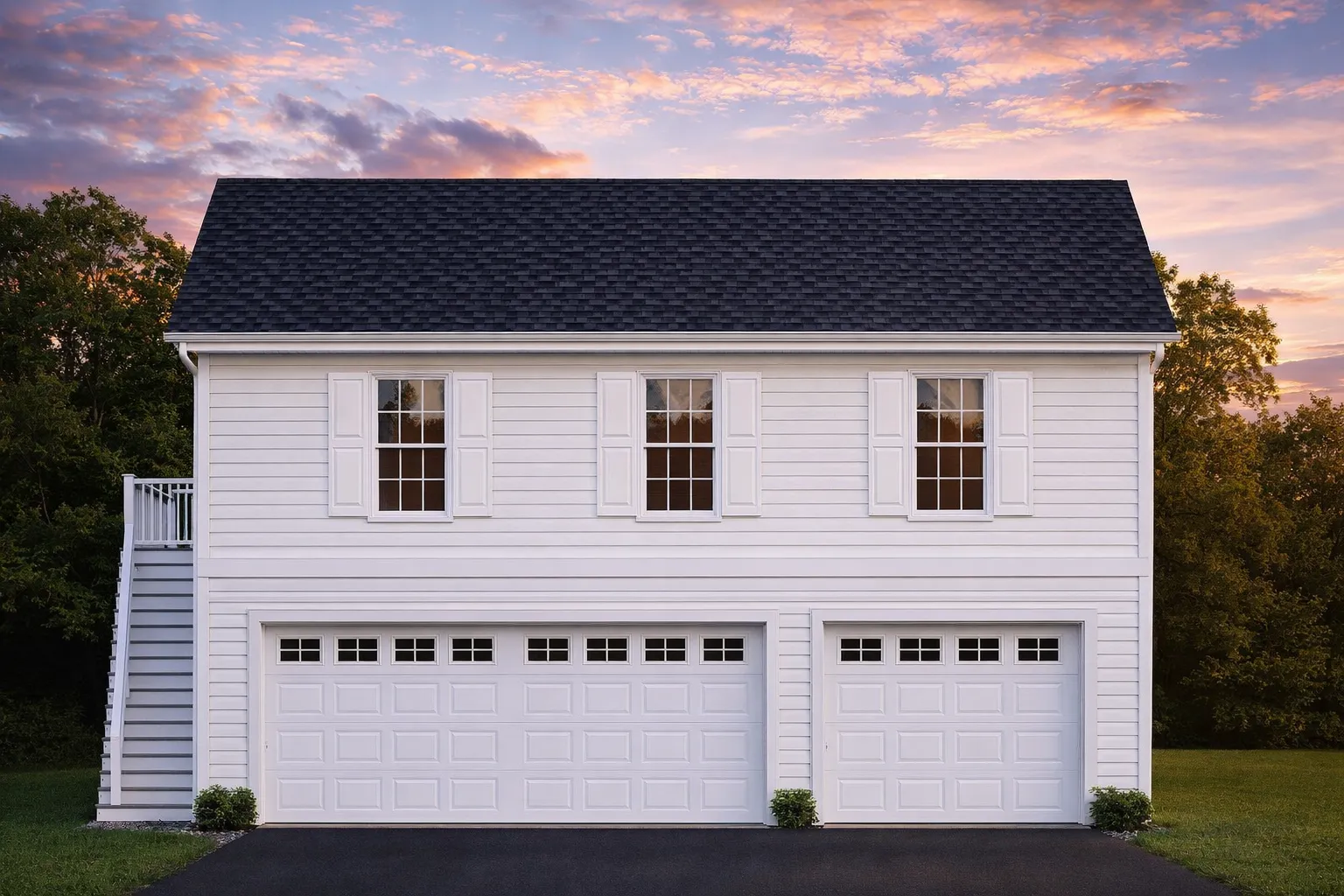 Detached Garage Plans 27 Front elevation of a carriage house garage apartment featuring horizontal siding, metal roof, three-car garage, and traditional window shutters