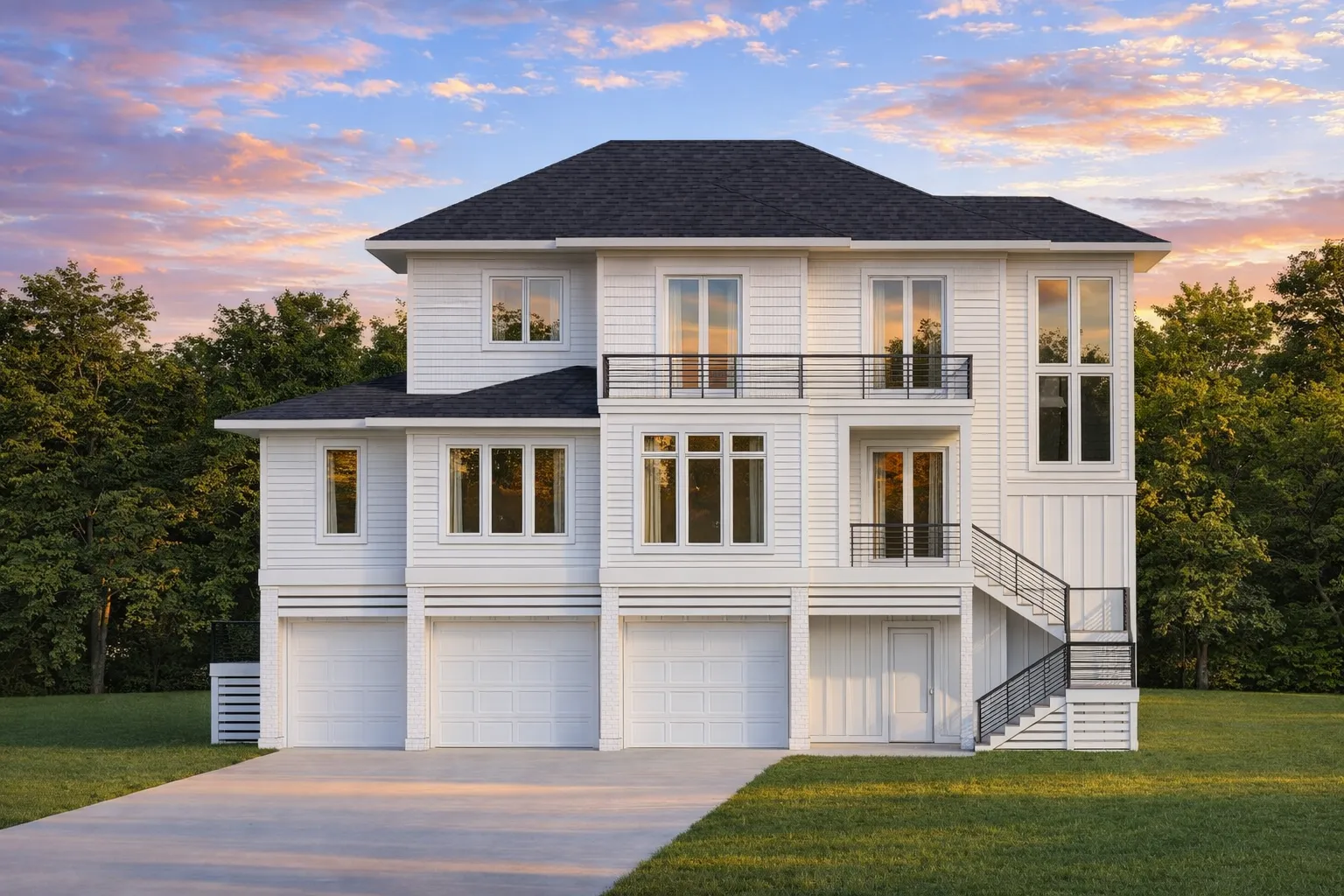 Front elevation of a coastal beach house with white board and batten siding, metal roof, elevated living, and three-car garage