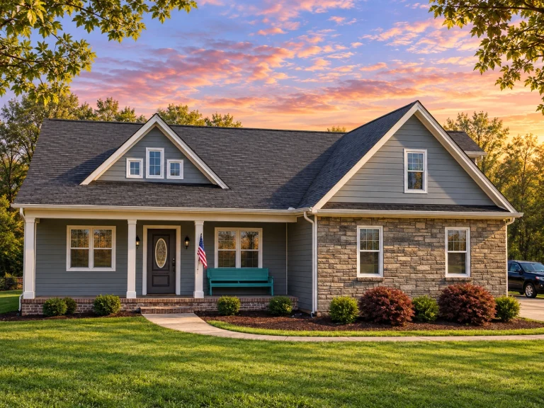 House Plans with Fireplace 6 Front elevation of a Traditional Craftsman Farmhouse featuring gray lap siding, stone accents, gabled dormer, and welcoming covered porch