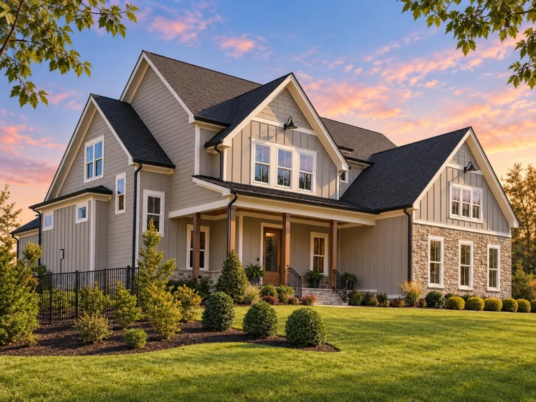 Ranch House Plans 23 Front exterior view of a New American Modern Traditional house featuring stone accents, board and batten siding, gabled rooflines, and a covered front porch