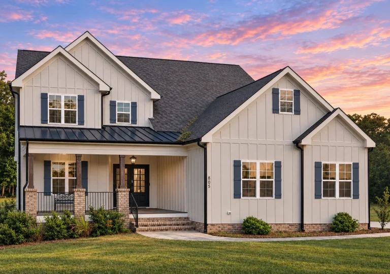 Conventional House Plans 17 Front elevation of Craftsman style home with horizontal lap siding, stone wainscot, gabled rooflines, and covered front porch