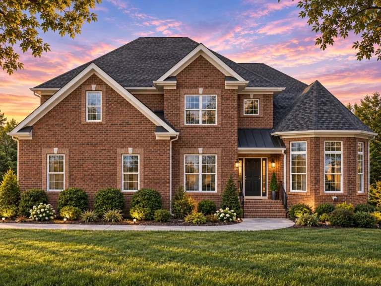 Front elevation of a Traditional Colonial style home featuring a full brick exterior, symmetrical façade, and gabled rooflines under a clear blue sky