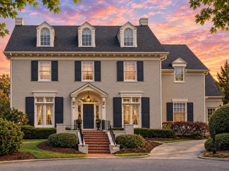 Front elevation of a Georgian Colonial style home featuring a full brick exterior, dormer windows, black shutters, and a formal central entry