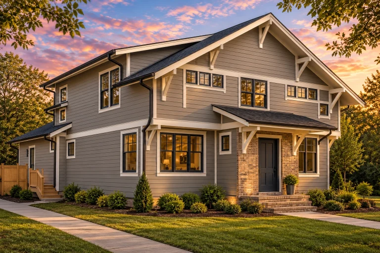 Front elevation of a two-story Modern Craftsman house with horizontal siding, stone veneer columns, and covered front porch