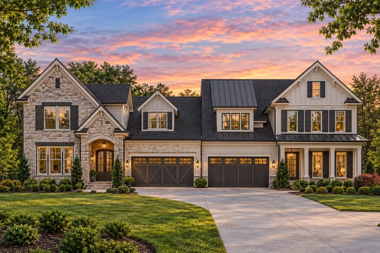 Front elevation of a New American modern traditional house featuring stone accents, horizontal siding, board-and-batten details, and a symmetrical two-story façade