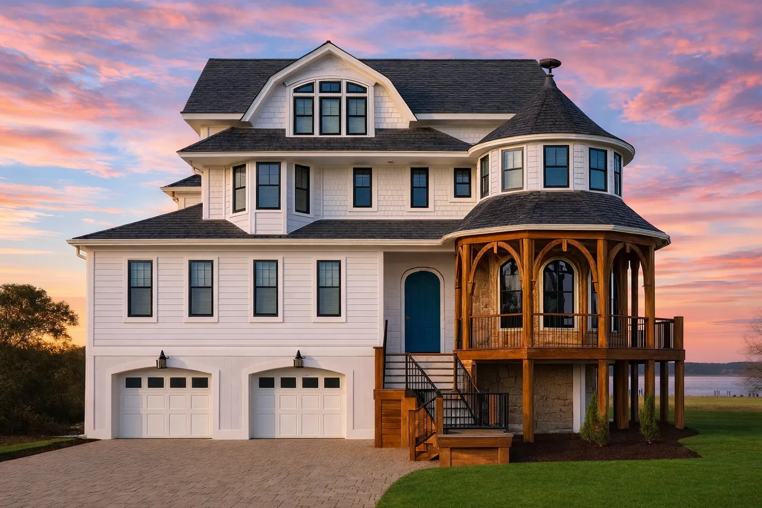 Front elevation of a Shingle Style coastal house with cedar shingle siding, elevated garage, wraparound porch, turret detail, and classic seaside architecture