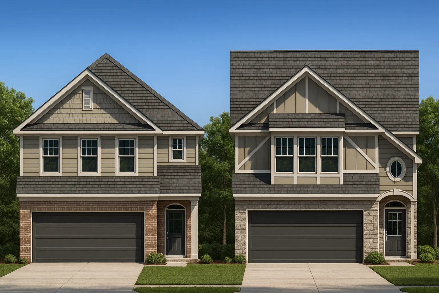 Front elevation of a Traditional Suburban home featuring stone veneer, horizontal siding, and shingle gable detailing