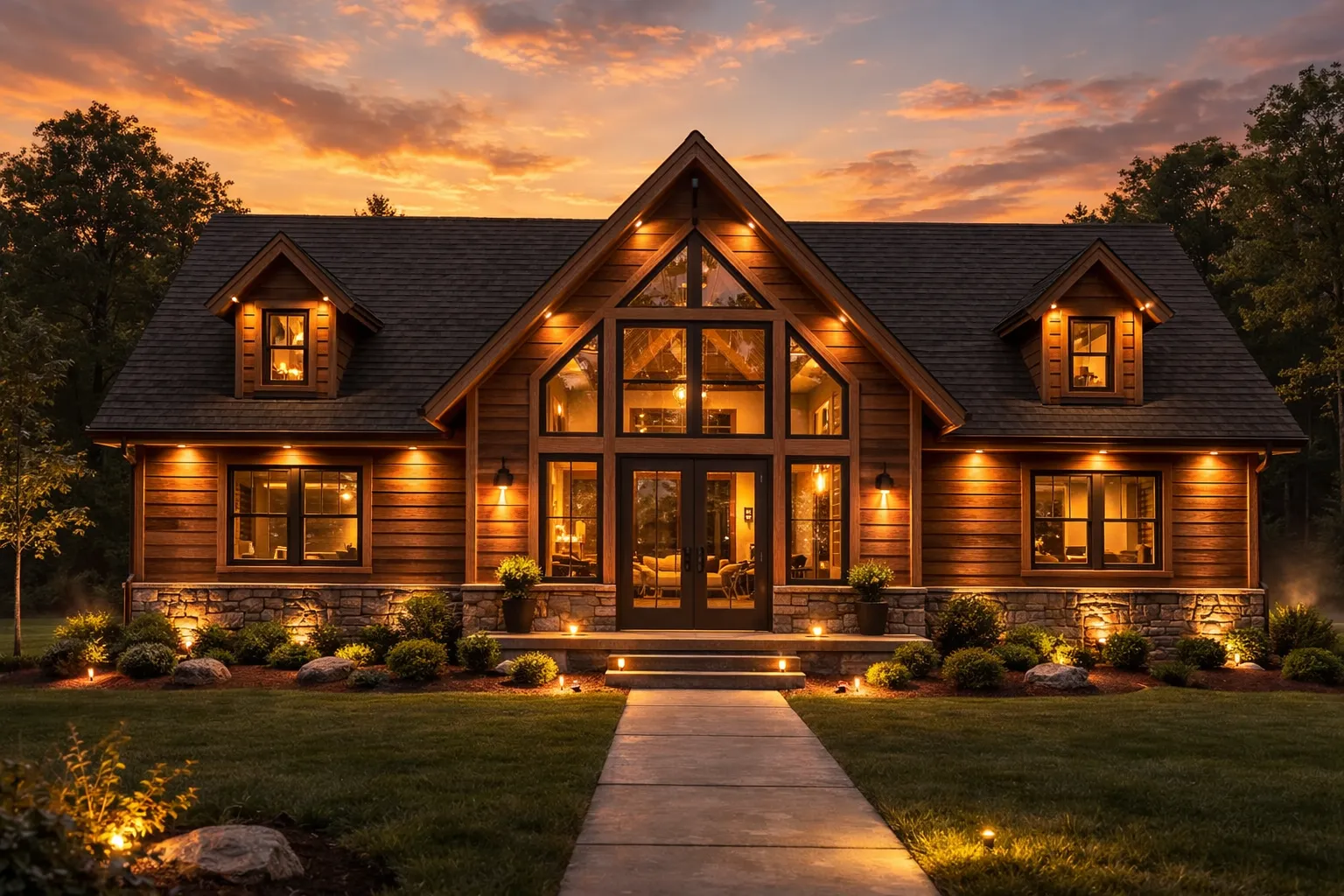 Front elevation of a Craftsman cabin-style house featuring natural wood siding, stone foundation, and large gabled windows