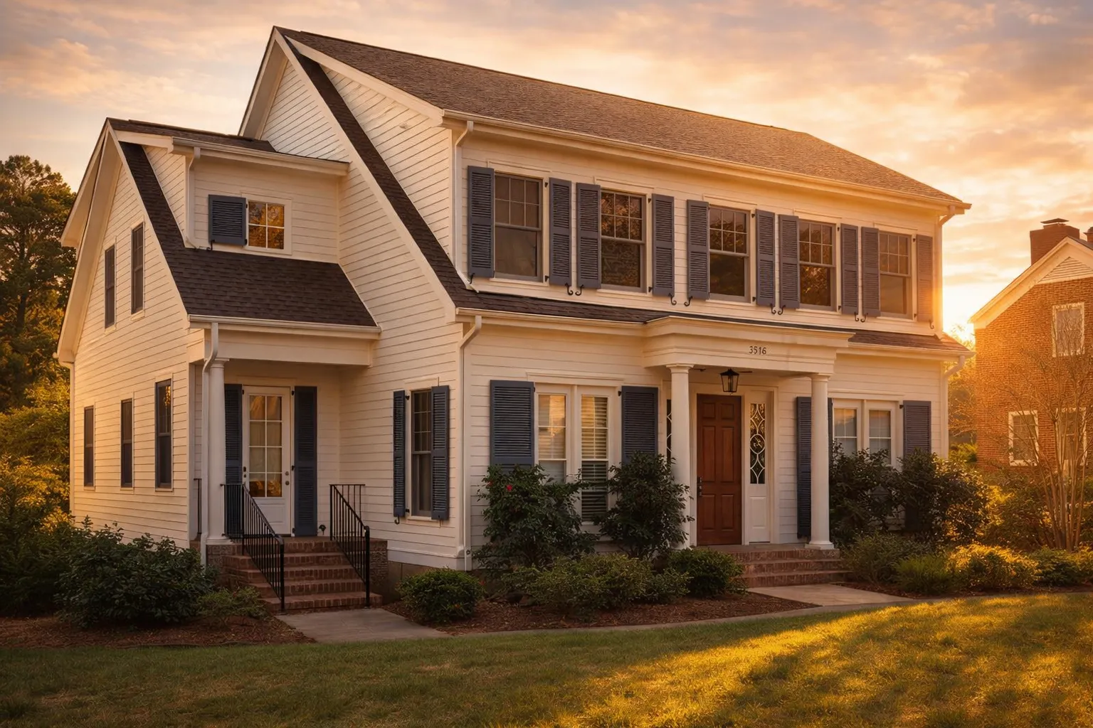 SEO Friendly Alt Text: Front elevation of a Colonial Revival style home with white lap siding, black shutters, and a centered entry porch