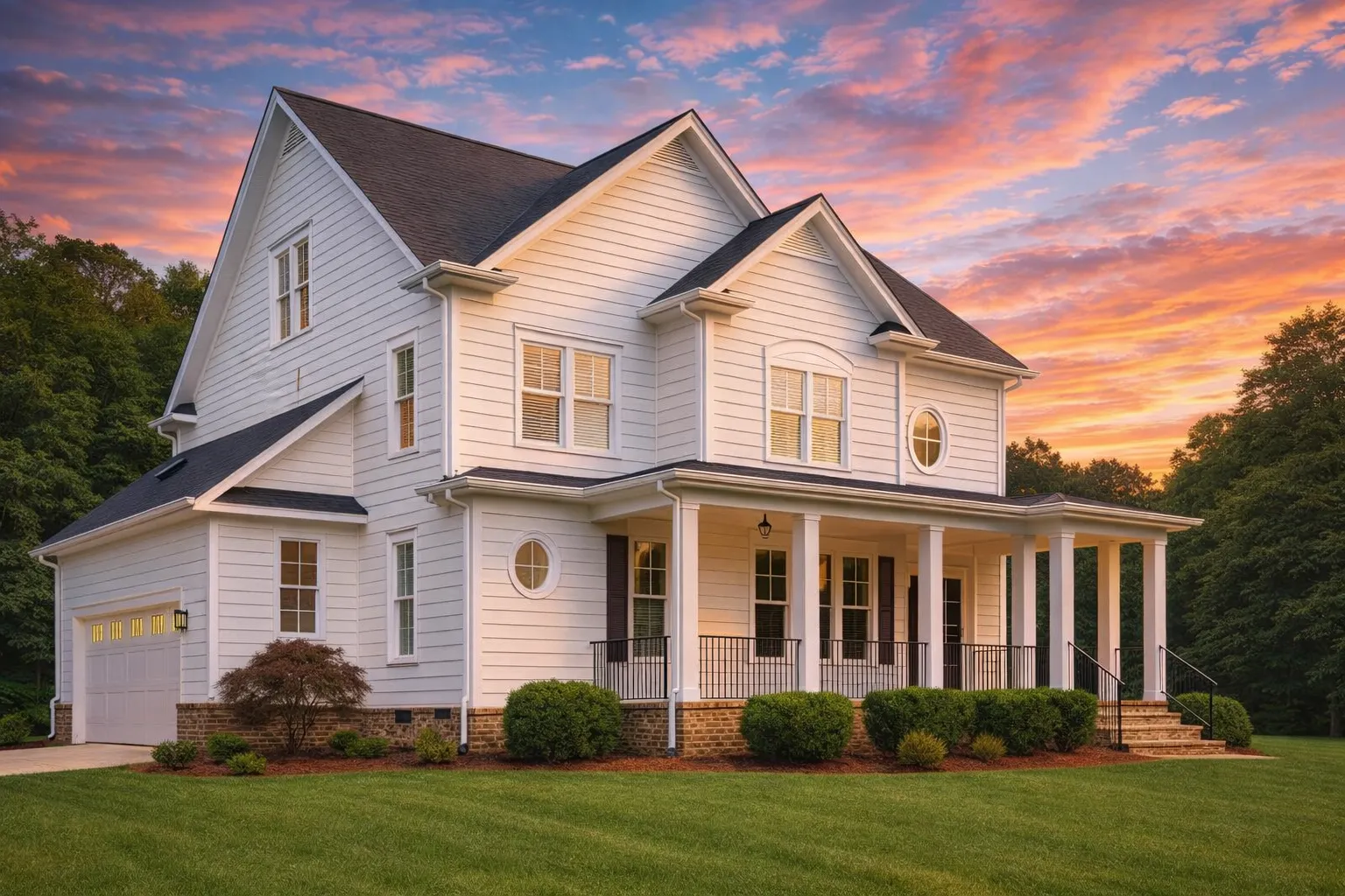 Front exterior view of a Coastal Traditional Low Country style home with horizontal siding, raised brick foundation, covered porch, and Colonial Revival details