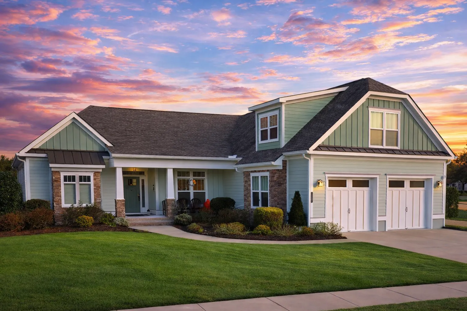 Front elevation of New American Modern Farmhouse style home featuring board and batten siding, brick accents, covered porch, and attached garage