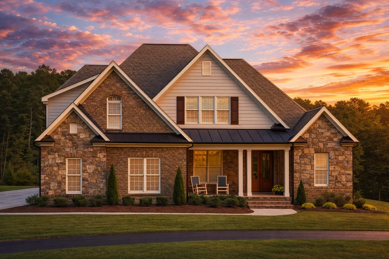 Front elevation of a New American modern traditional house with brick and stone exterior, lap siding, gabled rooflines, and covered front porch