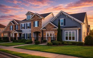 Front elevation of a New American style home with Traditional Colonial symmetry, stone veneer, lap siding, multiple gables, and an elegant arched entry