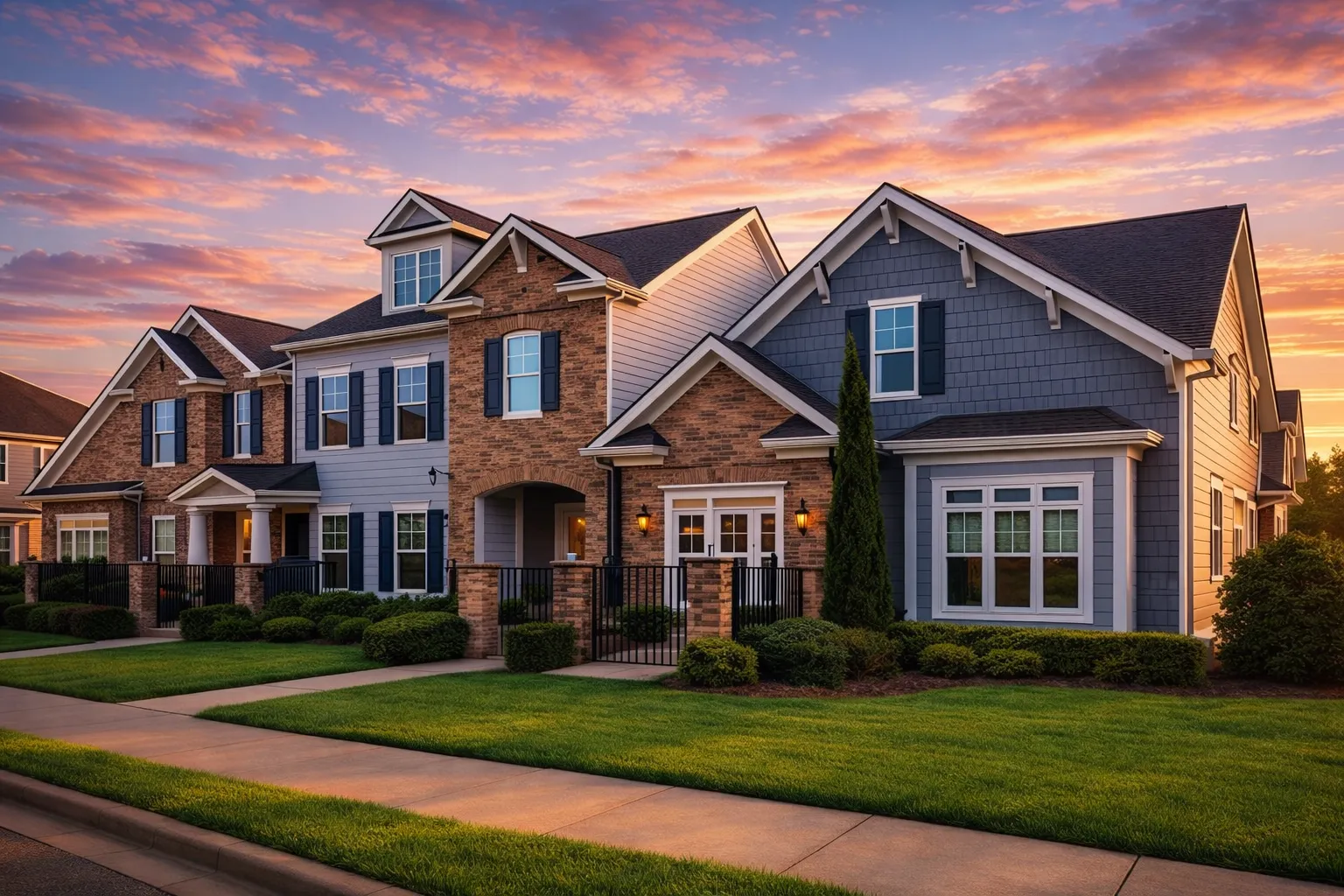 Front elevation of a New American style home with Traditional Colonial symmetry, stone veneer, lap siding, multiple gables, and an elegant arched entry