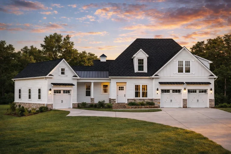 Modern Farmhouse with Country Craftsman design featuring gabled roof, white siding, and three-car garage