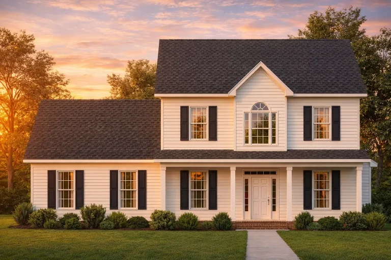 House Plans with Basement Garage 20 Front elevation of a Traditional Colonial home featuring beige horizontal siding, black shutters, brick foundation, and a symmetrical 2-story design with centered entryway.