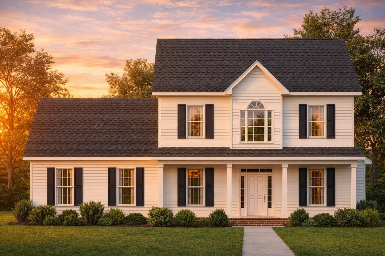 Front elevation of a Traditional Colonial home featuring beige horizontal siding, black shutters, brick foundation, and a symmetrical 2-story design with centered entryway.