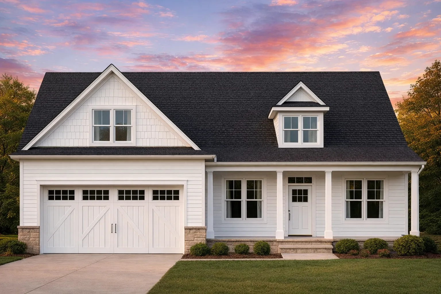 Front elevation of a Traditional suburban house featuring Craftsman cottage details, blue horizontal siding, board and batten gables, stone base, and welcoming front porch