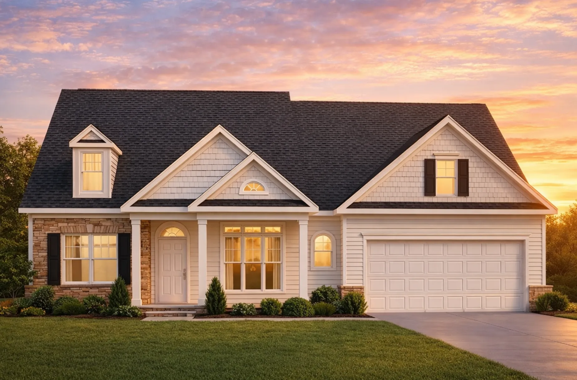 Front view of a Traditional Cape Cod style home featuring horizontal lap siding, gable dormers, and a welcoming covered porch entry with symmetrical design.