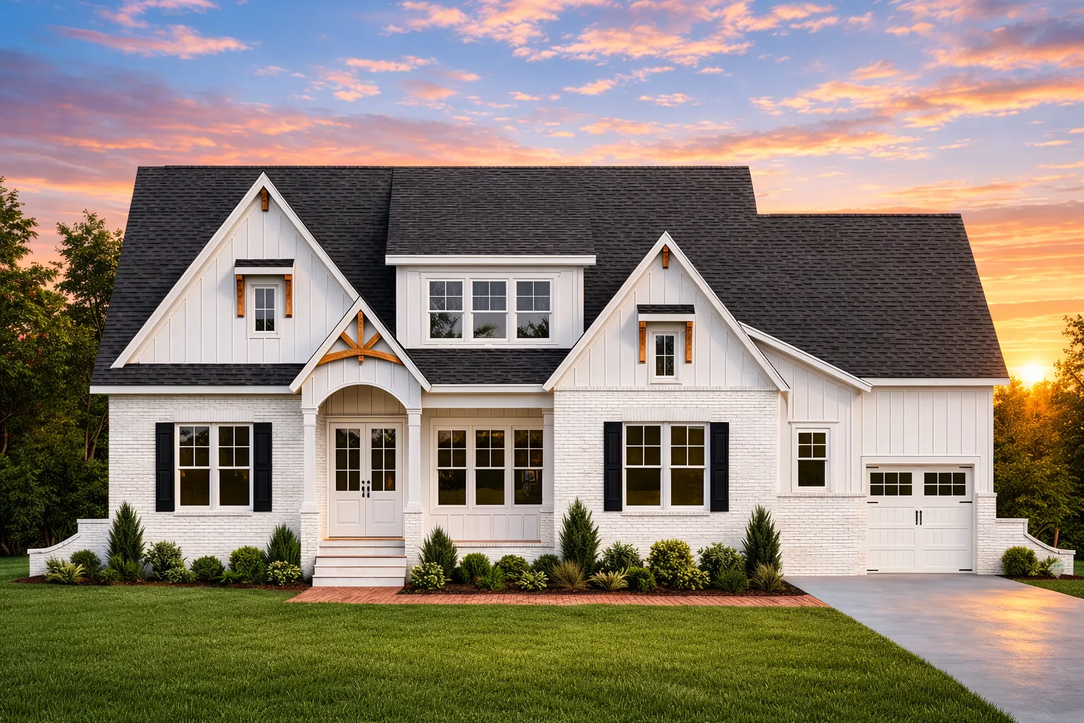 Front view of Modern Farmhouse style home featuring white board and batten siding, light brick base, black windows, and dark shingle roof