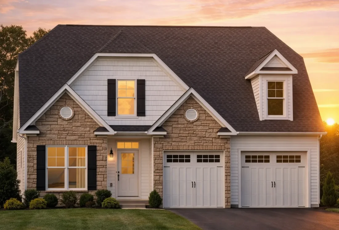 Front view of Modern Farmhouse home featuring a mix of board-and-batten and horizontal lap siding with stone accents, dark trim, and gable rooflines