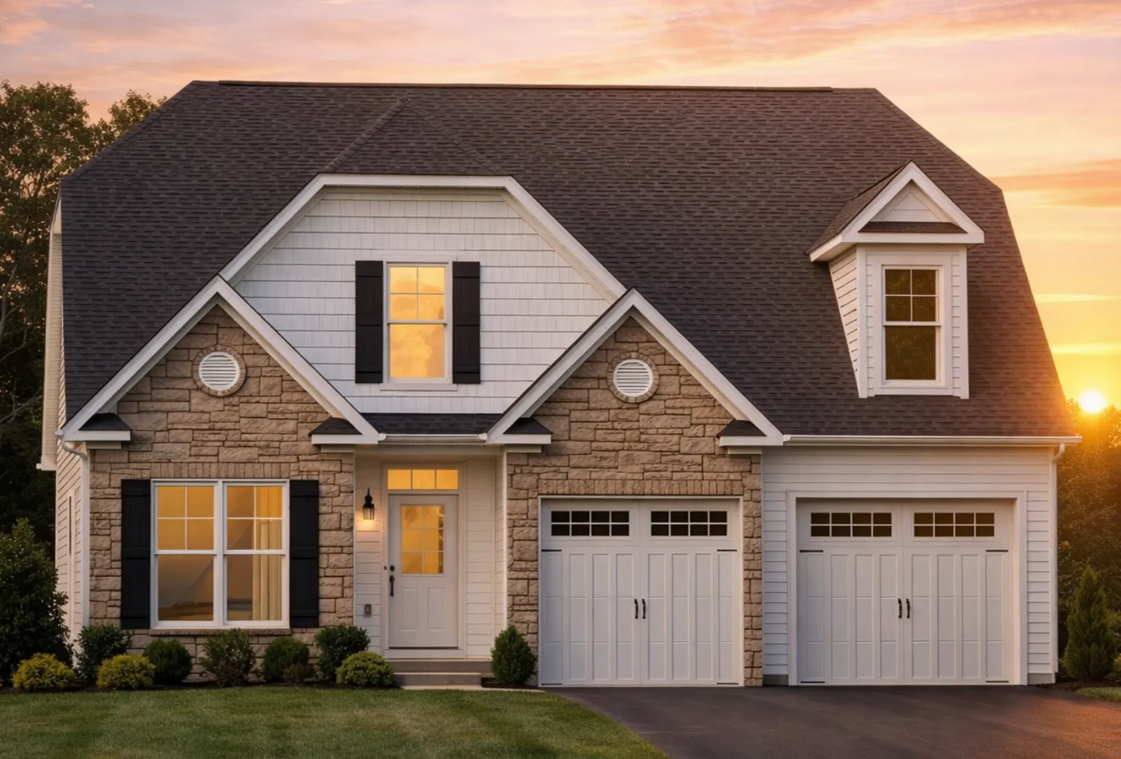 Front view of Modern Farmhouse home featuring a mix of board-and-batten and horizontal lap siding with stone accents, dark trim, and gable rooflines