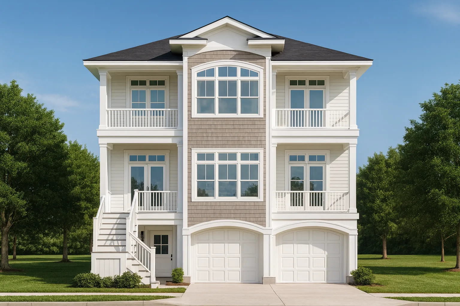 Front elevation of a three-story coastal beach house with horizontal lap siding, shingle accents, stacked balconies, and two-car garage below