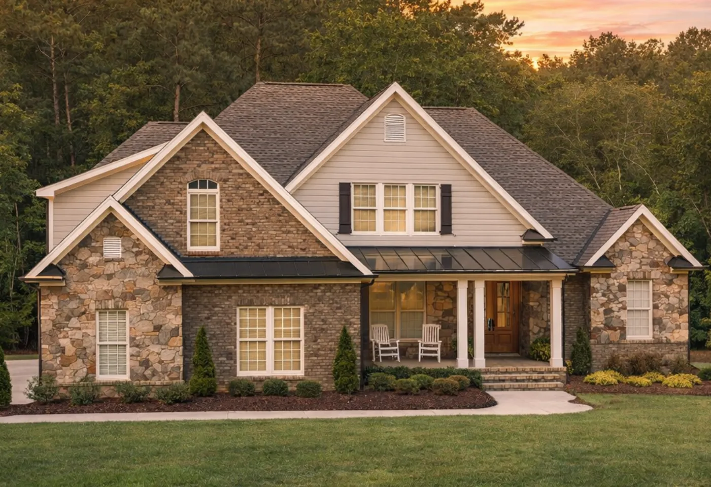 Front elevation of a New American modern traditional house with brick and stone exterior, lap siding, gabled rooflines, and covered front porch
