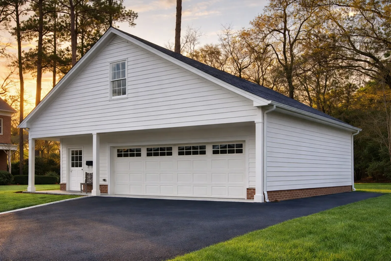 Front elevation of a traditional carriage house style garage apartment with horizontal siding, gable roof, and single-car garage door