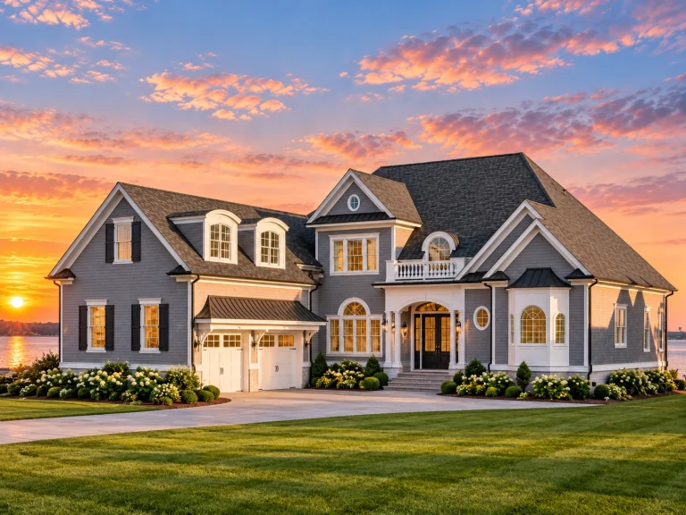 Front elevation of a French Country Traditional style home featuring a full brick exterior, arched windows, black shutters, and steep gabled rooflines