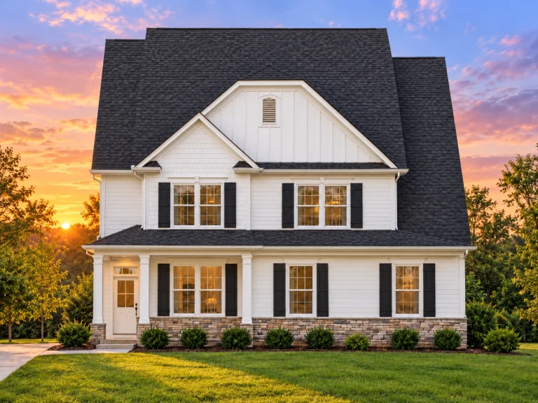 Front elevation of a Traditional Colonial style home featuring lap siding, board and batten gable detailing, stone foundation accents, and symmetrical window design