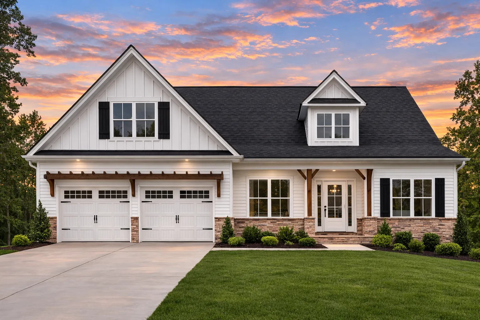 Front elevation of a Traditional suburban house featuring Craftsman cottage details, blue horizontal siding, board and batten gables, stone base, and welcoming front porch