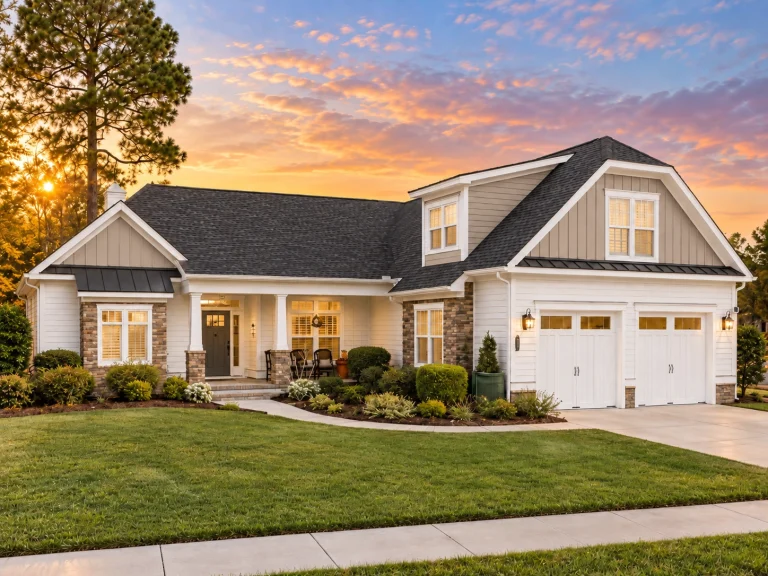 Front elevation of New American Modern Farmhouse style home featuring board and batten siding, brick accents, covered porch, and attached garage