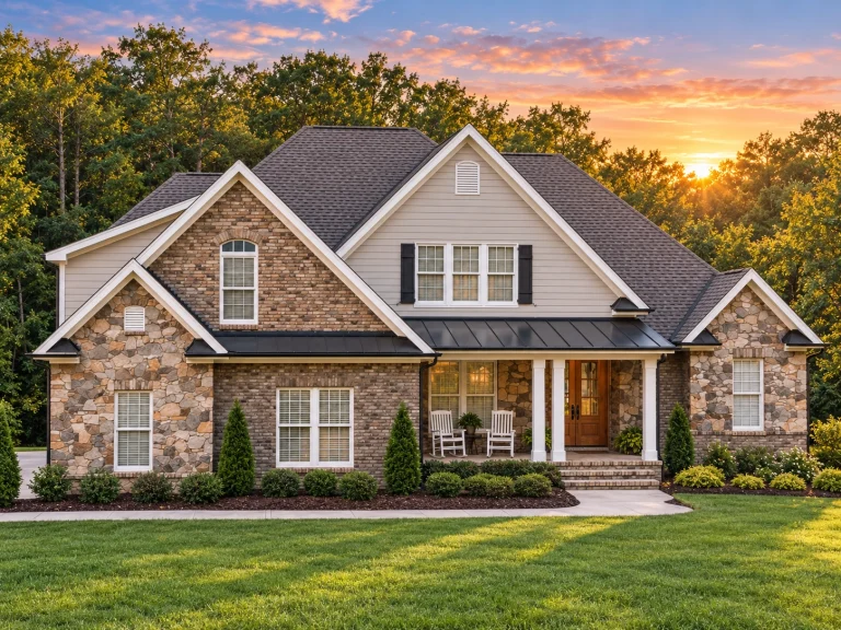 Front elevation of a New American modern traditional house with brick and stone exterior, lap siding, gabled rooflines, and covered front porch