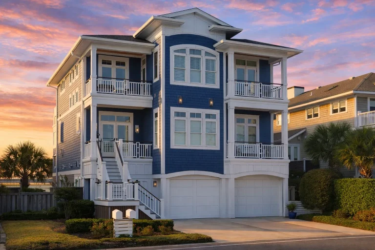 Front elevation of a three-story coastal beach house with horizontal lap siding, shingle accents, stacked balconies, and two-car garage below