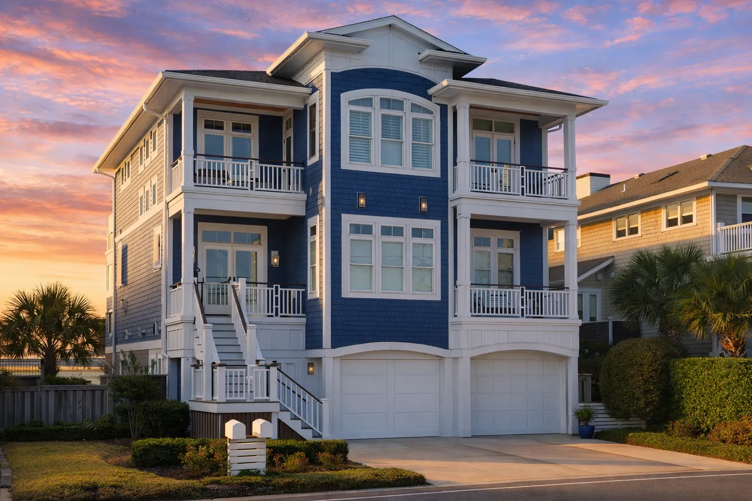 Detached Garage Plans 7 Front elevation of a three-story coastal beach house with horizontal lap siding, shingle accents, stacked balconies, and two-car garage below
