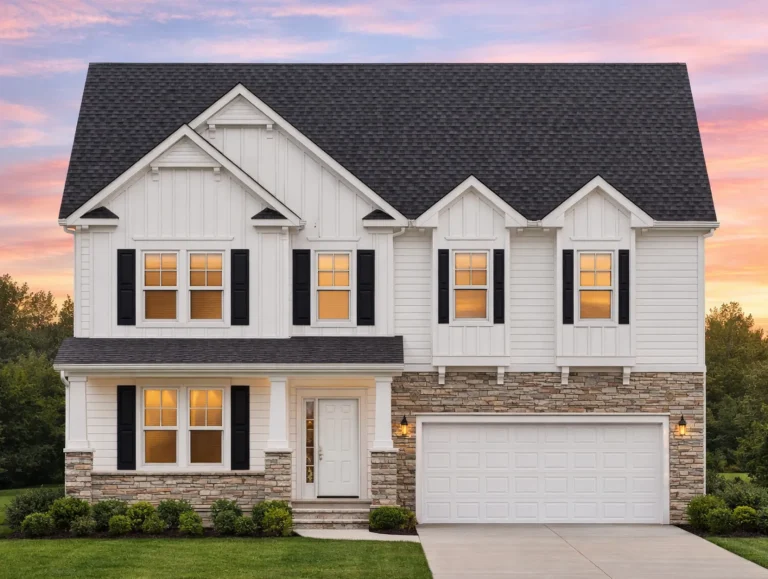 Front elevation of a New American Traditional house featuring board and batten siding, stone accents, gabled rooflines, and an attached two-car garage