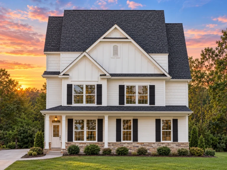 Front elevation of a Traditional Colonial style home featuring lap siding, board and batten gable detailing, stone foundation accents, and symmetrical window design