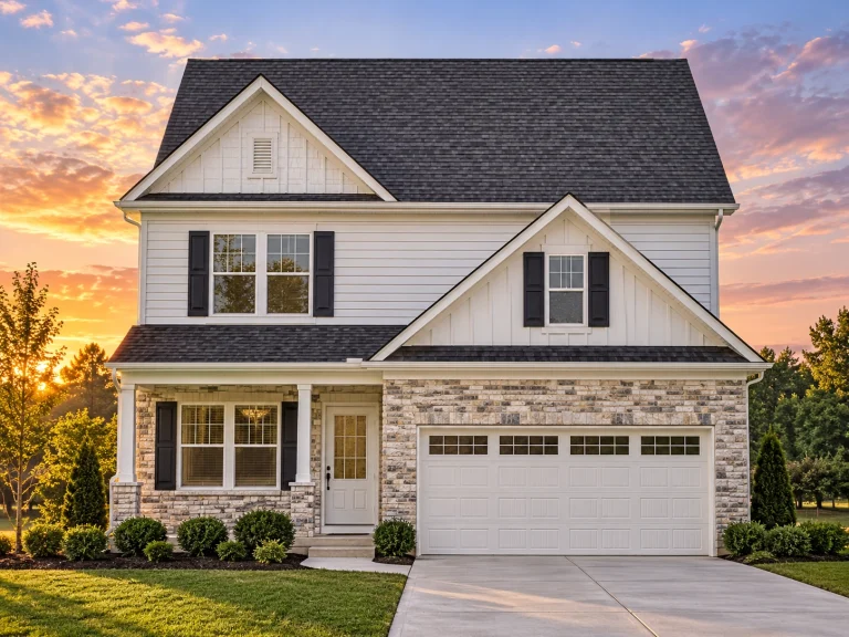 Front elevation of a modern farmhouse style home with board and batten siding, stone accents, covered porch, and attached two-car garage