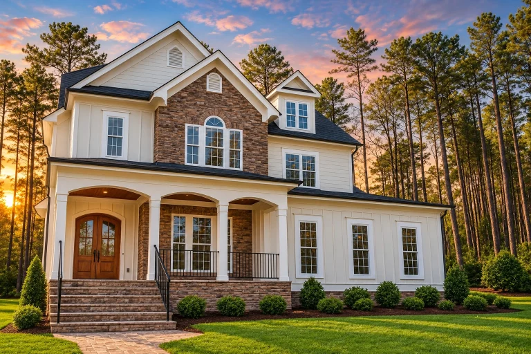 Front elevation of a New American style two-story house with board and batten siding, stone accents, covered porch, and symmetrical windows