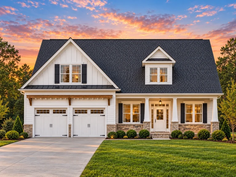 Front elevation of a Traditional suburban house featuring Craftsman cottage details, blue horizontal siding, board and batten gables, stone base, and welcoming front porch